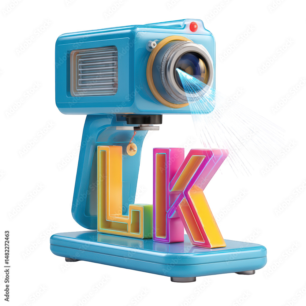 Poster retro camera projects colorful lk letters 3d render illustration design on transparent background