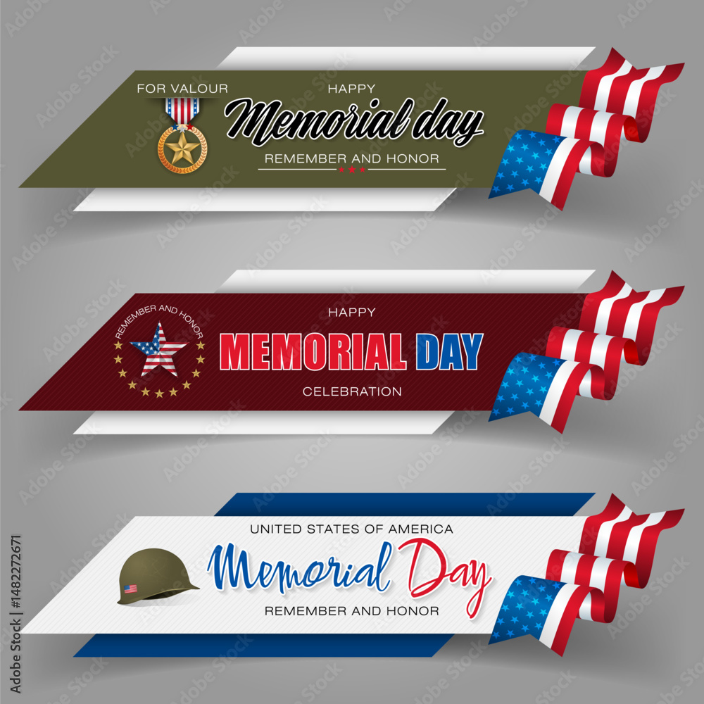 Poster set of web banners design, background with handwriting texts and national flag colors for u.s. memor
