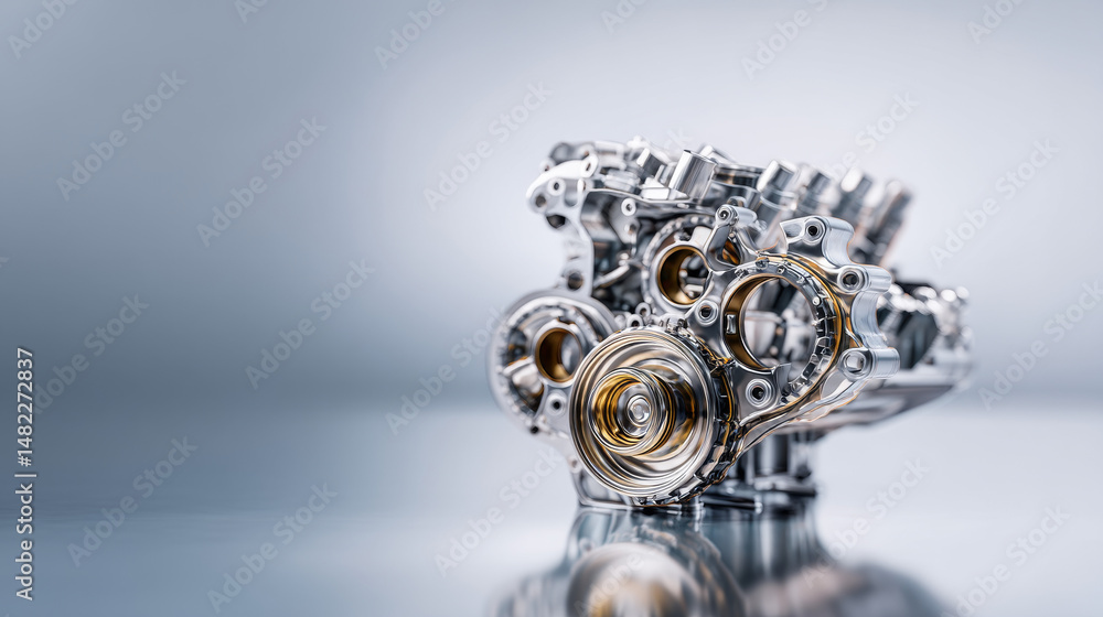 Poster close-up of a metallic engine component showcasing intricate design and craftsmanship.