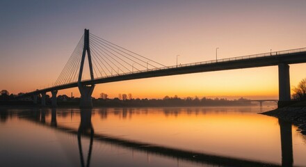 Fototapeta premium Modern cable-stayed bridge over a river at sunrise