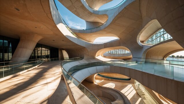 Futuristic architecture with flowing curves, natural light, and layered walkways in a spacious contemporary building design by the waterfront