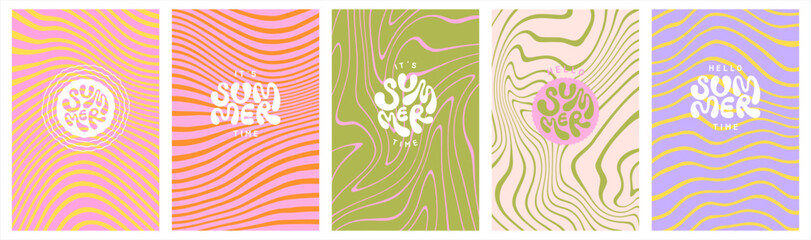 Deformed distorted striped fluid uneven organic lines vector groovy waves retro backgrounds set. Hello summer hand lettering. Hippie doodle patterns collection. Uneven hand drawn wavy curved lines.