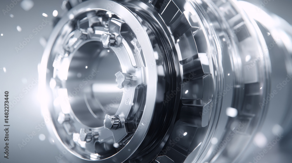 Poster close-up of a metallic machine part with a sleek design and vibrant reflections.