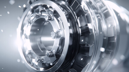 Close-up of a metallic machine part with a sleek design and vibrant reflections.