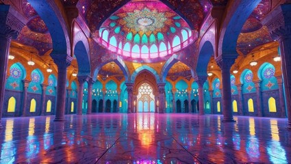 Dazzling mosque interior with luminous stained glass, soaring arches, and vivid mosaic patterns reflecting off the polished marble floor in a majestic kaleidoscope of spiritual color