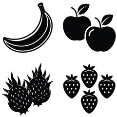 Fruit Silhouette Vector Set– Minimal Black Fruit Collection Illustration for Healthy Food, Kitchen Decor, Organic Product, and Nutrition Design Projects