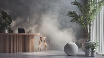 Modern lobby with fog and plants in daylight minimal neutral interior office waiting lounge design scene