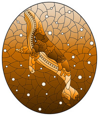 An illustration in the style of a stained glass window with an abstract cat on a background of water and air bubbles, tone brown