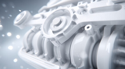 Close-up of a modern white engine part showcasing intricate mechanical details.