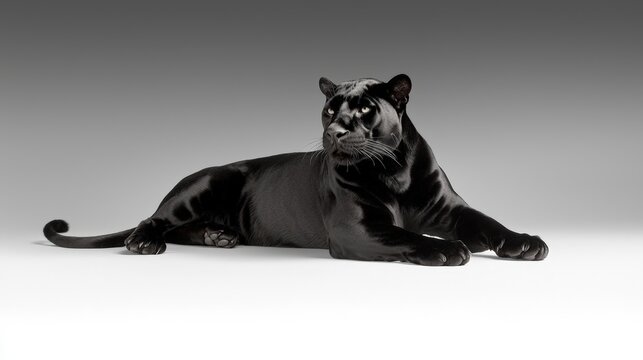A sleek black panther lounging elegantly amidst endless whiteness, powerful presence maintained despite simplicity