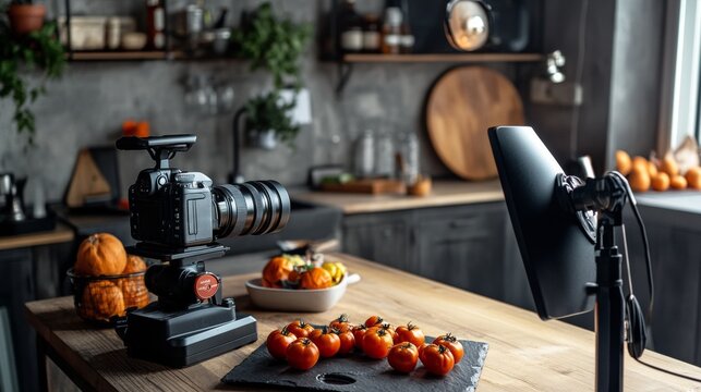 Food blog kitchen setup with camera and fruits on wooden table for recipe creation content scene
