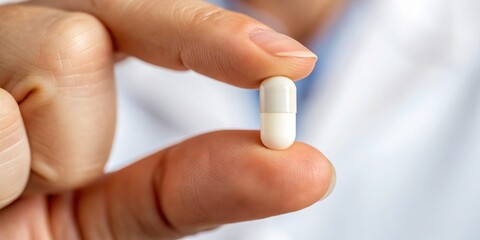 A person holds a single white capsule between their fingers, suggesting a focus on health or medication.