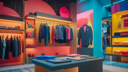 Modern clothing store interior with colorful lighting and wardrobe layout for retail fashion branding scene