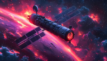 Satellite in cosmic space with red and violet nebula backdrop, solar panels deployed, futuristic tech
