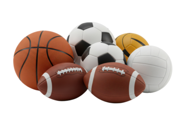 Colorful set of sports balls with basketball, soccer, volleyball and rugby isolated background