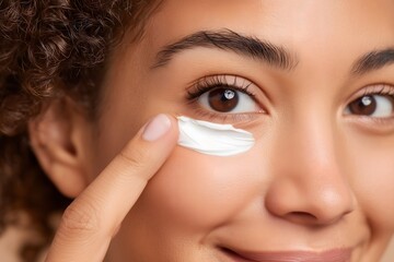Close up of a woman applying eye cream, self care and anti aging skincare product for healthy skin, beauty industry advertisement concept.
