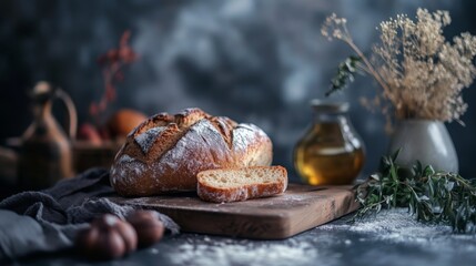 Bread loaf with olives and rustic props under moody light for artisanal bakery food vintage scene
