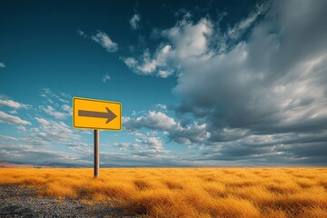 Yellow Road Sign Reading "Dream Job This Way" Against Blue Sky with Clouds, Outdoor Scenic Landscape, Realistic and Highly Detailed 4K Photo realistic Career Direction Concept