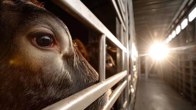 Close-up of cow's eye in metal cage, sunlight at end of trailer, cows being transported.