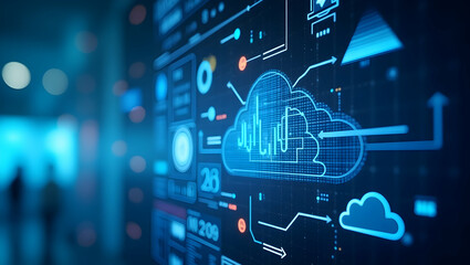 Fototapeta premium Intuitive Cloud Management Dashboard: Real-Time Performance Metrics, Automated Alerts, Dynamic Analytics for Optimizing IT Operations & Driving Digital Transformation - Empty Space Left