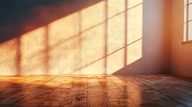 Sunlit empty room with rustic wooden floor and textured wall, showcasing warm, inviting light