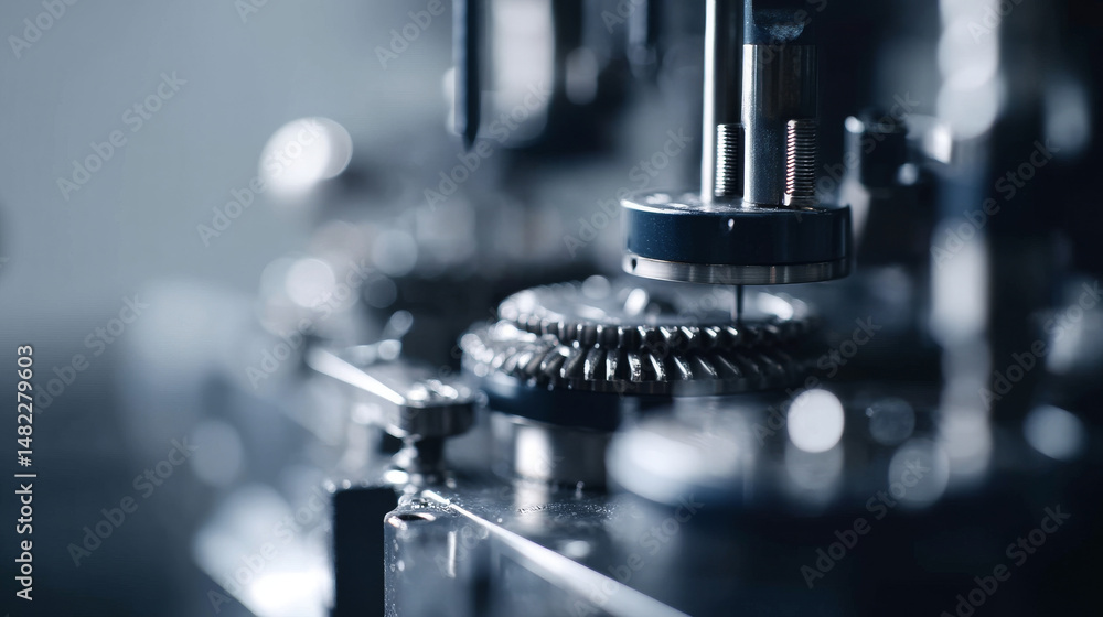Poster close-up of precision machinery with gears and components in an industrial setting.