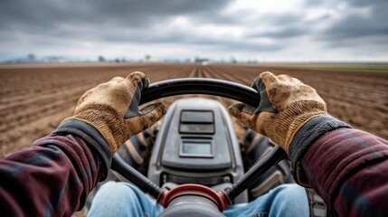 Obraz premium Farmer drives tractor, across plowed field, under cloudy sky, hands on steering wheel.