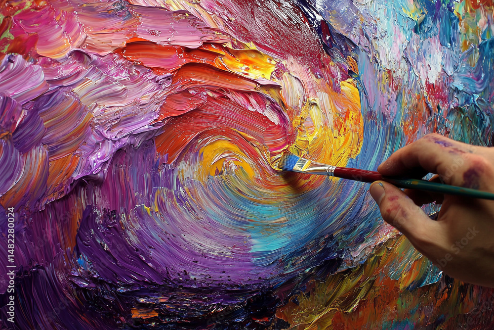 Aufkleber hands of an artist working on a colorful abstract painting with a paintbrush in a studio setting dur