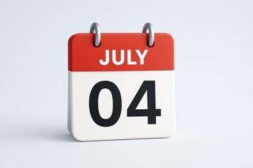 Minimal 3D calendar icon displaying July 04 in bold black numbers on a red, white background, symbolizing U.S. Independence Day&mdash;ideal for use in patriotic content, holiday promotions, event reminders
