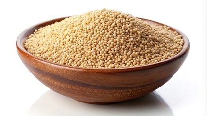 Wooden bowl filled to the brim with golden amaranth grains on white