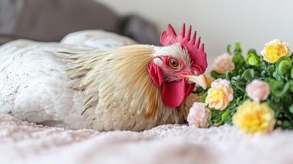 A confident rooster standing tall even while asleep, authoritative stance conveyed powerfully