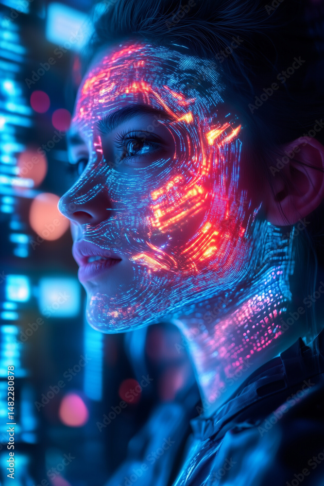 Poster futuristic portrait of a person with glowing patterns illuminated by vibrant technology in a neon in
