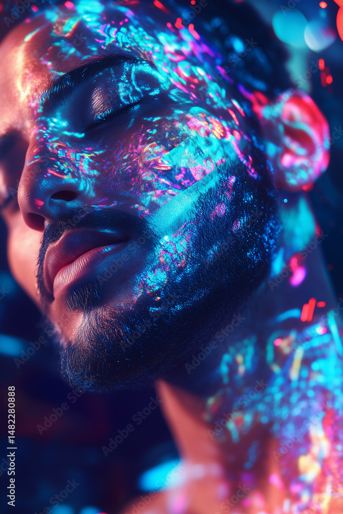 Poster futuristic portrait featuring a person with glowing patterns reflecting unique light in an abstract 