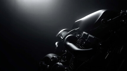 Close-up shot of a sleek motorcycle engine in dramatic lighting.