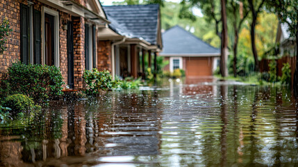 Flooded residential area with heavy rainfall creating serene yet alarming scene. Water covers ground, reflecting surrounding homes and greenery