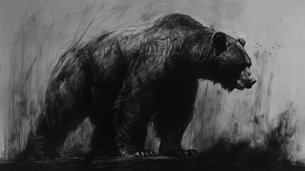 A majestic grizzly bear stands in a misty forest, depicted in a dramatic black and white illustration.