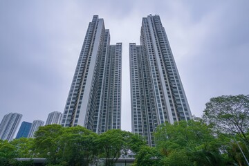 Obraz premium Twin skyscrapers rise amidst lush greenery under a cloudy sky