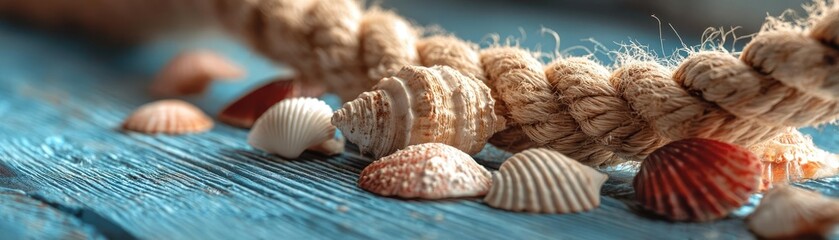 Beach scene on blue wooden with vintage rope and shells concept. Beautiful seashells and rope on a rustic wooden background.