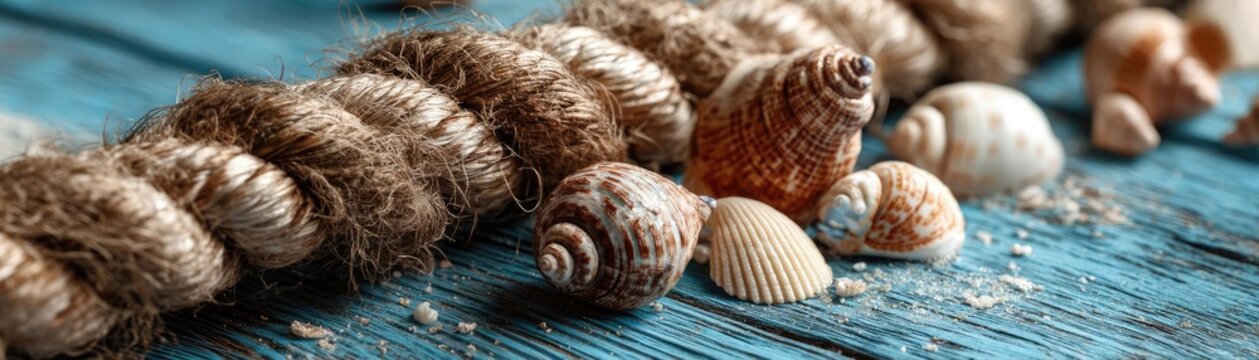 Beach scene on blue wooden with vintage rope and shells concept. A beautiful arrangement of shells and twine on a rustic surface.