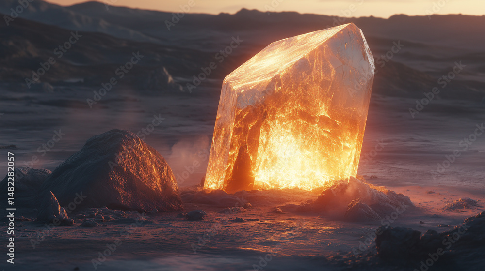 Poster glowing crystalline structure illuminated by sunset creating an ethereal atmosphere in a desolate la