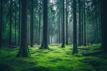 Obraz premium Misty forest path, lush moss, tall trees