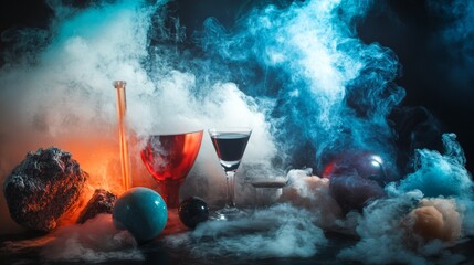 Wine glasses and fruit in dark smoky setting with dramatic light for romantic vintage culinary celebration scene
