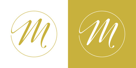 Calligraphic M monogram in a thin circle. Elegant and minimal luxury logo for branding or boutique identity.