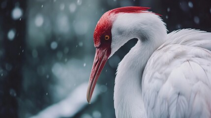 Obraz premium White crane bird in snowy background with feathers blowing for serene nature winter wildlife portrait scene