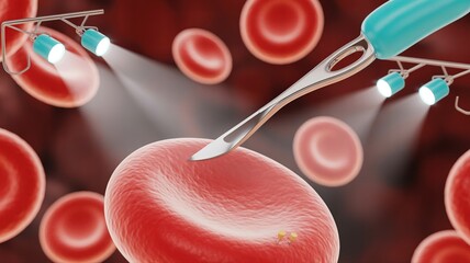 Microscopic surgical scene depicting nanorobots performing an operation on a red blood cell using a scalpel illuminated by spotlights in a medical nanotechnology concept
