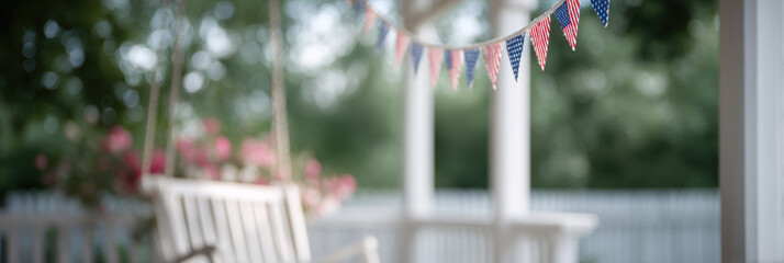 Classic American porch with swing and festive flag bunting