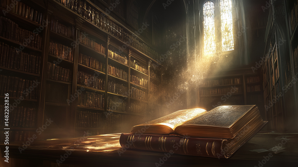 Poster exploring the atmosphere of an old dusty library filled with tall shelves and ancient books illumina