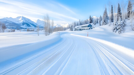 Ski Trail. Groomed Cross-Country Ski Trail on Snowy Mountain Road in Winter
