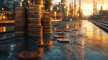 Stacks of coins representing financial growth in front of a refinery at sunset.