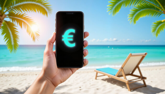 Hand Holding Smartphone with Glowing Euro Sign, Tropical Resort, Instant Currency Exchange, Digital Euro Access for On-the-Go Banking - Powered by Adobe